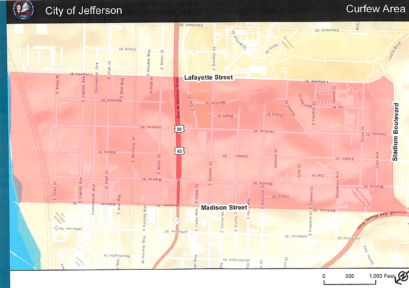 Jefferson City imposed an overnight curfew as work continues in the area of damage caused by a tornado May 22. The area included in the curfew -- which begins at 9 p.m. and continues until 5 a.m. -- is bounded on the east by Lafayette Street, on the south by Stadium Boulevard, on the west by Madison Street and on the north by the Missouri River.