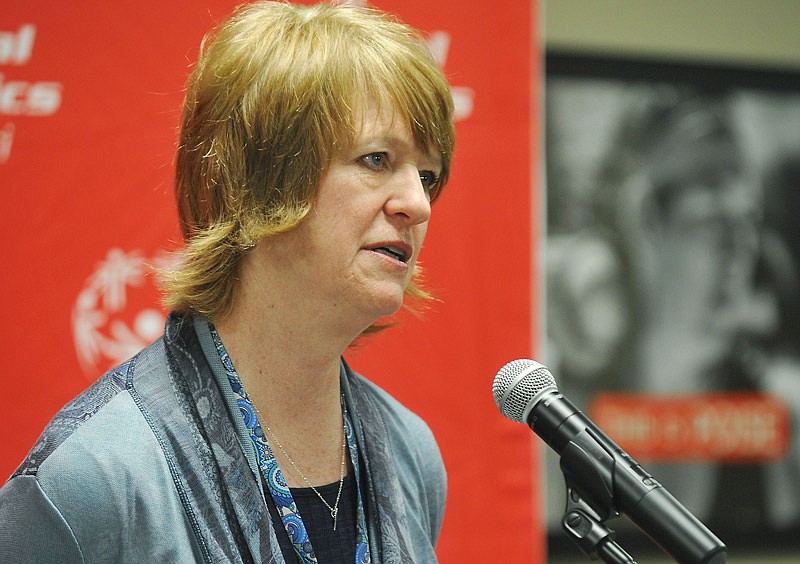 Susan Stegeman talks with reporters Wednesday, March 13, 2019, after being named CEO and president of Special Olympics Missouri (SOMO).
