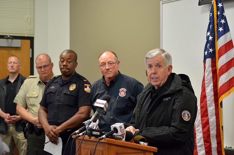 Sally Ince/ News Tribune
Gov. Mike Parson speaks during a press conference at the Cole County Sheriff Office Thursday May 23, 2019 to announce the extensive damange that occured after a tornado struck the city. Damages were reported through the center part of town stretching from Ellis Boulevard to East Dunklin Street. 