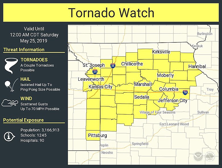 This National Weather Service graphic indicates a tornado watch issued for parts of Missouri and Kansas Friday, May 24, 2019, until midnight.