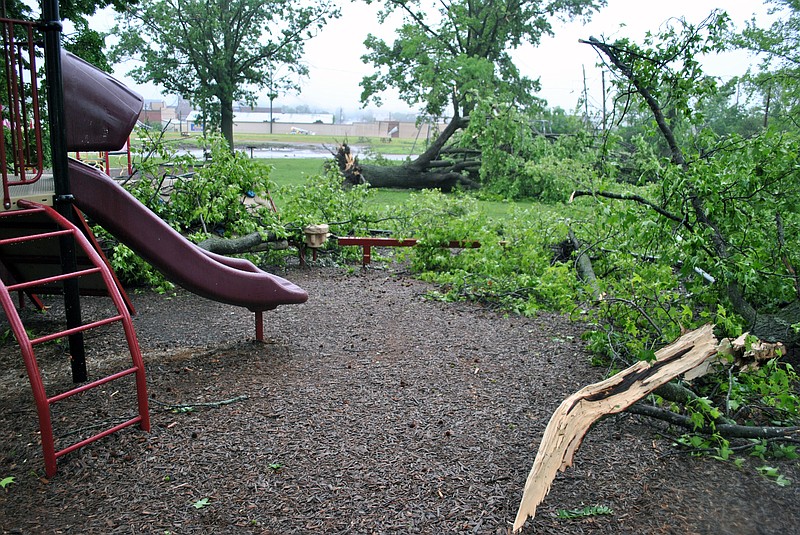 MAY 2019 FILE: Uprooted trees, limbs and debris are part of the destruction at the Rock Island Park after a tornado hit May 22 in Eldon. Additional damage included a newer fitness area that was crushed by a tree and damage to the pavilion.