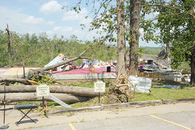House of Refuge church on Heritage Highway was destroyed by a tornado Wednesday night. The church plans to have service at 11 a.m. today at McClung Park in Jefferson City.