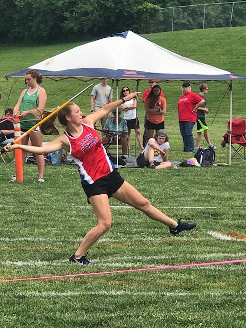 <p>Quinn Albertson throws a javelin during the Class 3 track and field state meet May 25. Albertson finished in 15th place with a throw of 94-04.</p>