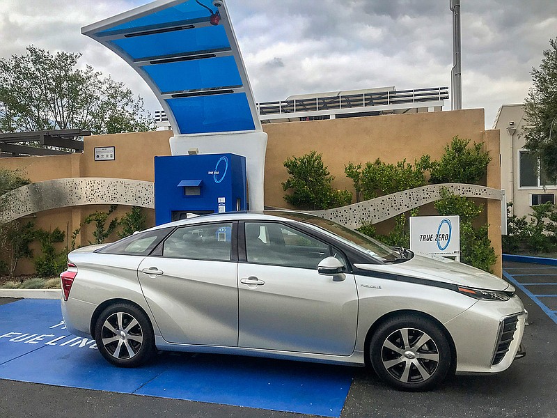 Toyota Mirai at a hydrogen fueling station in Hollywood, Calif. (Charles Fleming/Los Angeles Times/TNS)