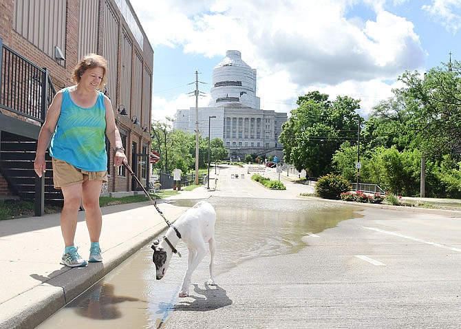 West Main Street, just west of the Capitol, was closed Thursday morning due to rising floodwaters. Vivian Kellar, who lives on Boonville Road, took her dog, a 9-month-old whippet named Spalding, for a long walk and was surprised to see the water as high as it was. 