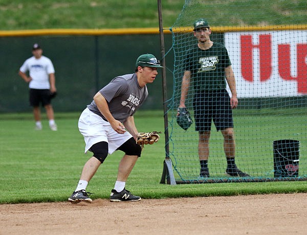 Jefferson City Renegades infielder Jordan Smith fields a ground ball during practice Wednesday at Vivion Field. The Renegades open the 2019 MINK League season at 7 p.m. today on the road against the Ozark Generals.