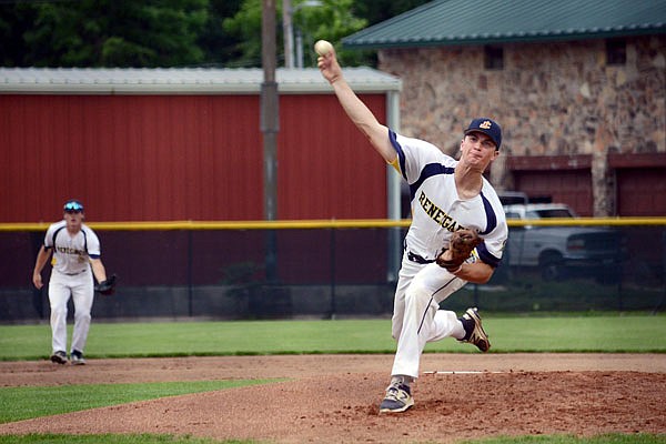 Connor McKenna of the Renegades throws a pitch during Saturday night's game against the Clarinda A's at Vivion Field.