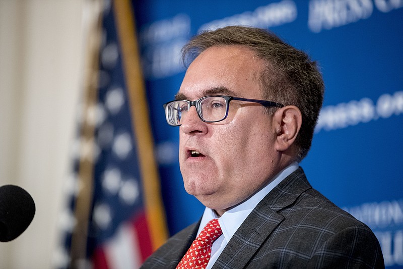 Environmental Protection Agency Administrator Andrew Wheeler speaks at the National Press Club in Washington, Monday, June 3, 2019. The Food and Drug Administration's first broad testing of food for a worrisome class of nonstick, stain-resistant industrial compounds found high levels in some grocery store meats and seafood and in off-the-shelf chocolate cake. (AP Photo/Andrew Harnik)