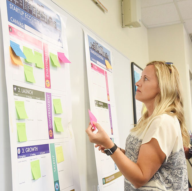 Jill Antweiler was one of about two dozen people who joined Wednesday's 1 Million Cups at Columbia College on Emerald Lane to find out more about and demonstrate the need and opportunity for an entrepreneurial ecosystem. 