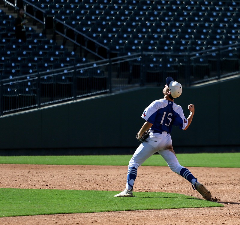 Linden-Kildare shortstop Dalton Alford celebrates after tagging Valley Mills Eagles pitcher Chase Keeton for the out before he can get back to second base in a Class 2A state semifinal Wednesday, June 5, 2019, in Round Rock, Texas. The Tigers won, 5-0.