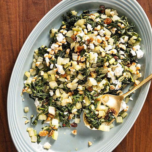 This undated photo provided by America's Test Kitchen in May 2019 shows Garlicky Swiss Chard in Brookline, Mass. This recipe appears in the cookbook "Vegetables Illustrated." (Daniel J. van Ackere/America's Test Kitchen via AP)