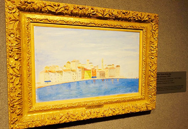 This painting by U.S. President John F. Kennedy hangs — for now — at America's National Churchill Museum. Titled "Harbor Scene from the South of France," he painted it in 1955 using oil with pencil on a canvas board. It was given to Kennedy's brother Bobby and his wife, Ethel, and they hung it for many years until they gave it to their son Michael as a wedding gift.