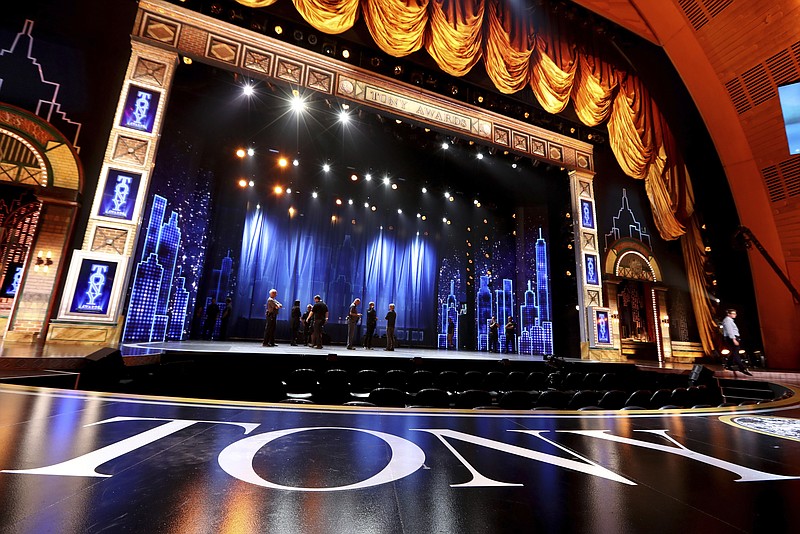 File- This June 10, 2019, file photo shows a view of the stage at the 72nd annual Tony Awards at Radio City Music Hall in New York. Exposure at the Tony Awards, last year’s telecast was seen by 6.32 million people, can provide a key boost to a show’s box-office receipts. (Photo by Michael Zorn/Invision/AP, File)