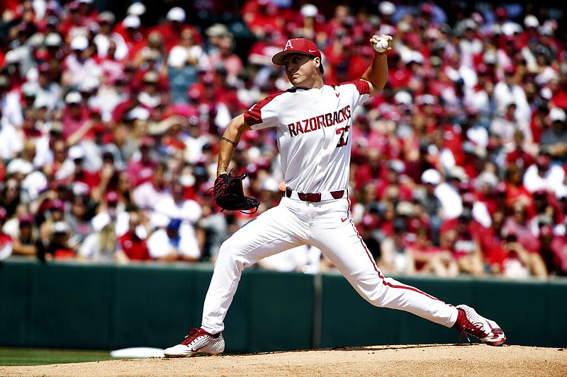 Arkansas pitcher Patrick Wicklander throws against Mississippi during the first inning of Game 3 at an NCAA college baseball super regional tournament Monday, June 10, 2019, in Fayetteville, Ark. 