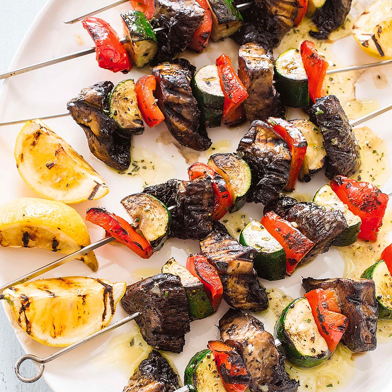 This undated photo provided by America's Test Kitchen in May 2019 shows Grilled Vegetable Kebabs in Brookline, Mass. This recipe appears in the cookbook "Master of the Grill." (Daniel J. van Ackere/America's Test Kitchen via AP)