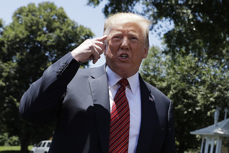 President Donald Trump speaks to reporters before departing for a trip to Iowa, on the South Lawn of White House, Tuesday, June 11, 2019, in Washington. (AP Photo/Evan Vucci)