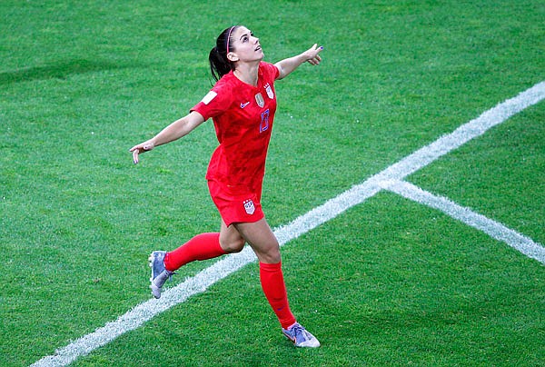 Alex Morgan of the U.S. celebrates after scoring her third goal during the Women's World Cup Group F match against Thailand at the Stade Auguste-Delaune in Reims, France.