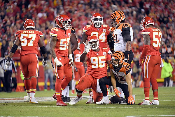 In this Oct. 21, 2018, file photo, Chiefs defensive lineman Chris Jones (95) gestures after tackling Bengals wide receiver Alex Erickson during the first half of a game at Arrowhead Stadium.