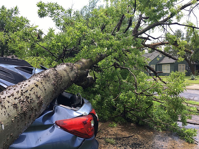 A tree from one property smashed a car in a neighbor's driveway when it fell during a severe thunderstorm in the area of N. Henderson and 75/Central Expressway of Dallas on Sunday, June 9, 2019. (Michael Hamtil/The Dallas Morning News via AP)