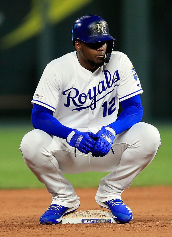 Royals designated hitter Jorge Soler waits out a mound meeting while at second base during the fifth inning of Thursday night's game against the Tigers at Kauffman Stadium.