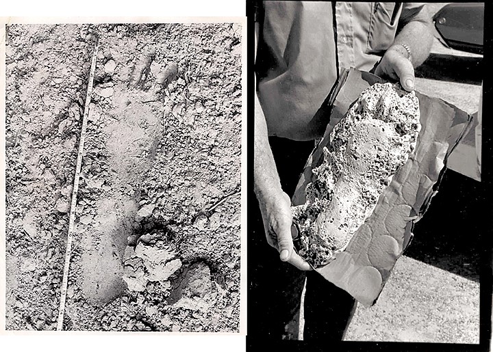 Willie Smith, a soybean farmer, made a mold of a three-toed footprint he found in his fields. He later made copies of the mold and sold them as souvenirs. The original cast was destroyed in a fire. Gazette file photo