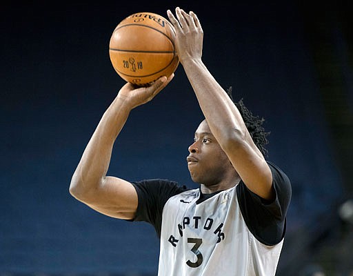 OG Anunoby (Jefferson City High School) of the Raptors shoots during practice earlier this month for the NBA Finals in Oakland, Calif. Anunoby did not play in the Finals due to an appendectomy.