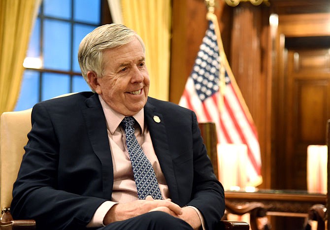 While seated for an interview Thursday, Gov. Mike Parson reflects upon his first year as governor and some of the things that have transpired in that time.