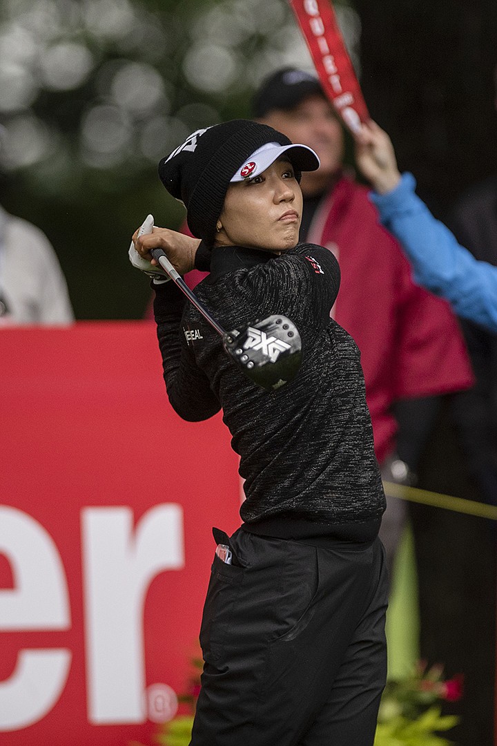 Lydia Ko, of New Zealand, watches her tee shot on the first hole during the first round of the Meijer LPGA Classic golf tournament at Blythefield Country Club on Thursday, June 13, 2019, in Belmont, Mich. (Alyssa Keown/The Grand Rapids Press via AP)
