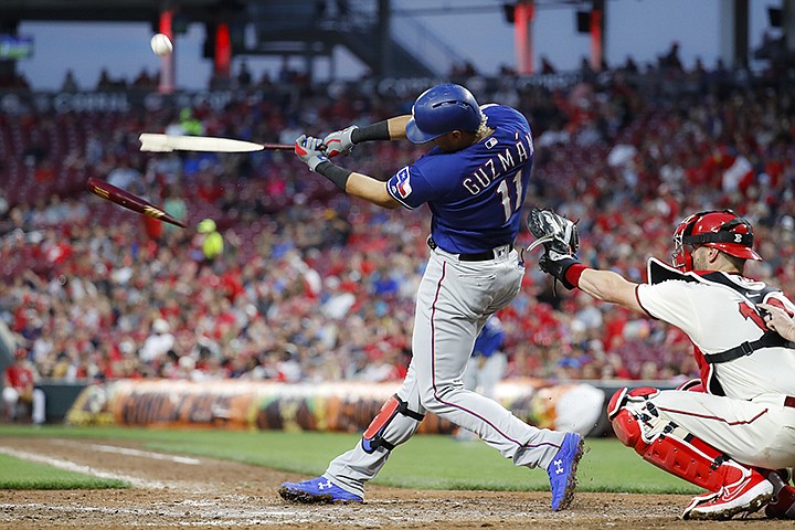 Texas Rangers' Ronald Guzman breaks his bat while flying out during the sixth inning of a baseball game against the Cincinnati Reds, Saturday, June 15, 2019, in Cincinnati. (AP Photo/John Minchillo)