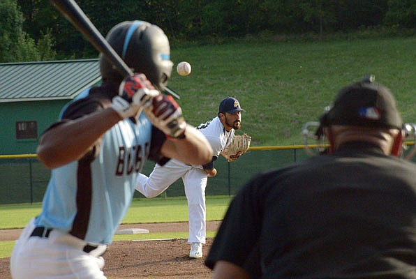 Renegades starting pitcher Manny Martinez works to the plate during Saturday night's game against the Sedalia Bombers at Vivion Field.