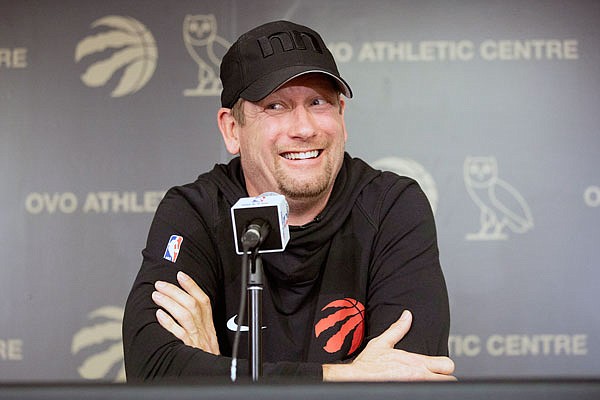 Raptors coach Nick Nurse smiles during a news conference Sunday in Toronto.