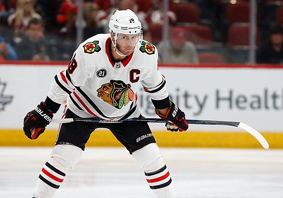 Blackhawks center Jonathan Toews pauses during a game this season against the Coyotes in Glendale, Ariz.