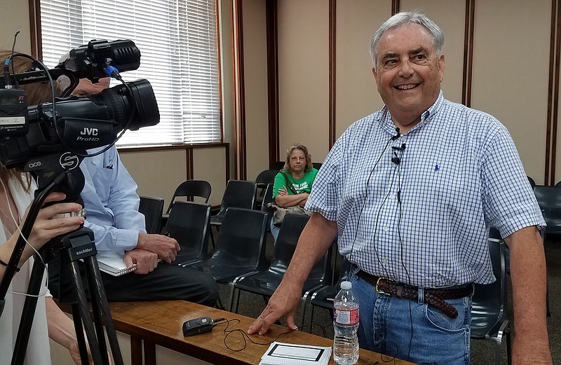 David Haak prepares to speak to the news media after a Texarkana, Ark., Board of Directors meeting June 17, 2019, at City Hall. Haak addressed the Board about a lawsuit he and others filed against city officials regarding police pay parity.