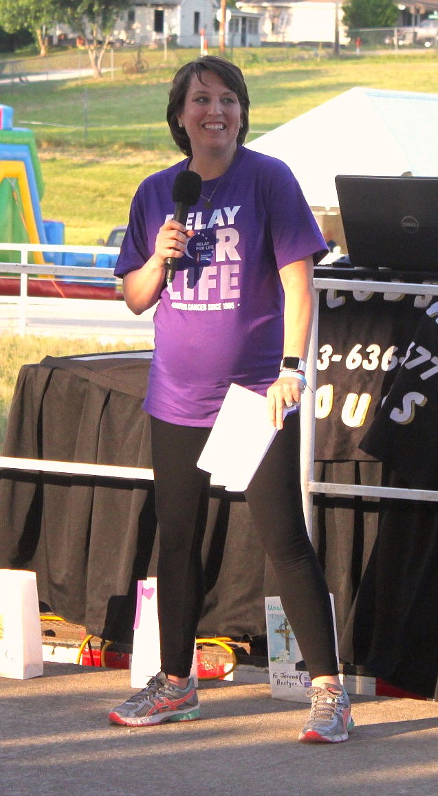 Danielle Farris speaks June 14, 2019, to attendees of the Moniteau County Relay for Life at the Moniteau County Fairgrounds. Farris was diagnosed with breast cancer in 2018.