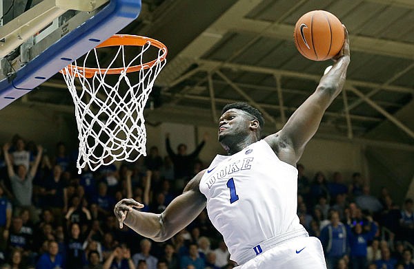 Duke freshman Zion Williamson goes up for a dunk during a game this season against Clemson in Durham, N.C. Williamson is widely expected to be the No. 1 overall pick Thursday by the Pelicans in the NBA draft.