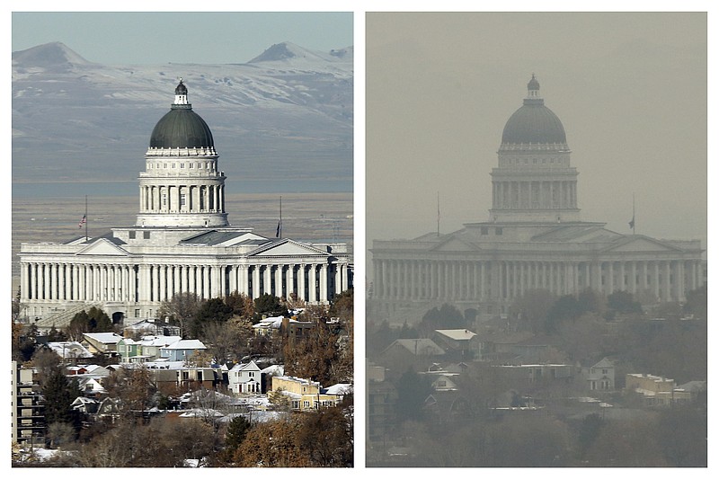 This combination of Dec. 13 and 17, 2018 photos shows the Utah State Capitol during clear and an inversion day in Salt Lake City. Inversions hover over Salt Lake City as cold, stagnant air settles in the bowl-shaped mountain basins, trapping tailpipe and other emissions that have no way of escaping to create a brown, murky haze the engulfs the metro area. After decades of getting ever cleaner, America's air quality seems to be stagnating. In 2017 and 2018, the nation had more polluted air days than just a few years earlier, federal data shows. While it remains unclear whether this is the beginning of a trend, health experts say it's a troubling development. (AP Photo/Rick Bowmer)