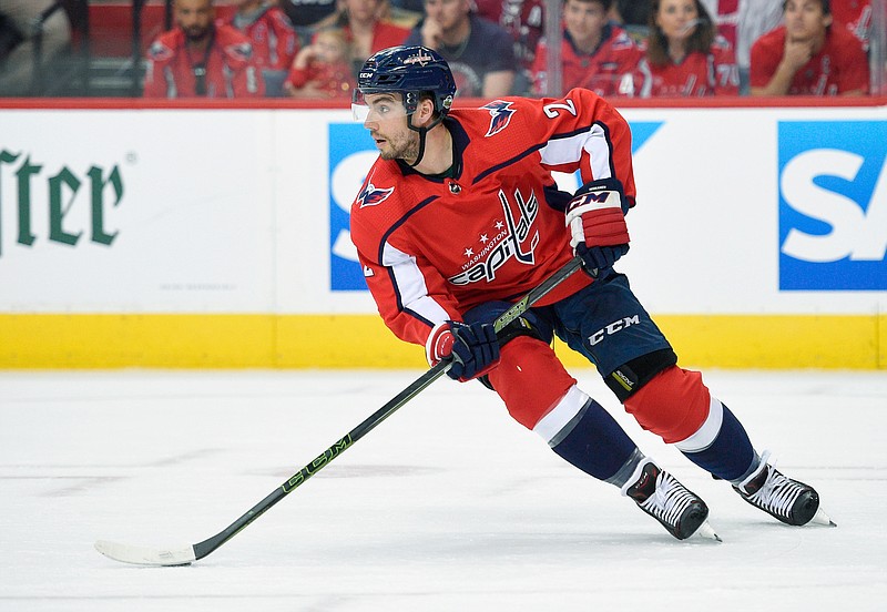 FILE - In this April 26, 2018, file photo, Washington Capitals defenseman Matt Niskanen (2) skates with the puck during the first period in Game 1 of an NHL second-round hockey playoff series against the Pittsburgh Penguins,in Washington. The Philadelphia Flyers have acquired defenseman Matt Niskanen from the Washington Capitals for defenseman Radko Gudas. This is the first significant move of the NHL offseason after the St. Louis Blues won the Stanley Cup less than 36 hours prior. 