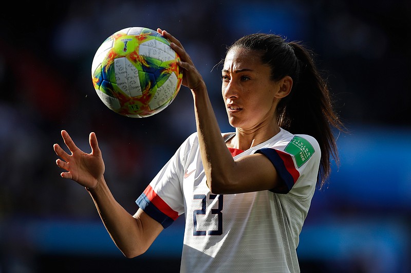United States' Christen Press catches the ball during the Women's World Cup Group F soccer match between United States and Chile at Parc des Princes in Paris, France, Sunday, June 16, 2019.