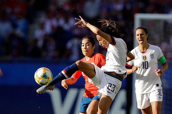 Christen Press of the United States shoots during Sunday's Women's World Cup Group F match against Chile at Parc des Princes in Paris, France.