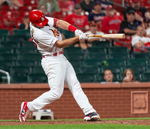 Paul Goldschmidt of the Cardinals hits the game-winning home run during the 11th inning of Wednesday night's game against the Marlins at Busch Stadium.