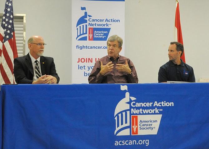 Rep. David Wood, R-Versailles, U.S. Sen. Roy Blunt and Missouri Grassroots Manager Tim Freeman led a roundtable discussion Friday on cancer funding at the Eldon Recreation Center.