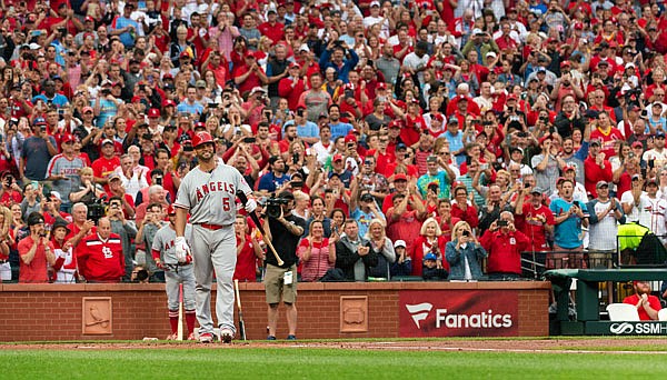 Albert Pujols of the Angels is greeted by a standing ovation before his first at-bat in the top of the first inning in Friday night's game against the Cardinals at Busch Stadium.