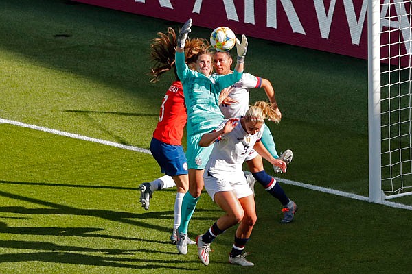 United States goalkeeper Alyssa Naeher jumps for the ball during last Saturday's Women's World Cup Group F match against Chile at the Parc des Princes in Paris.