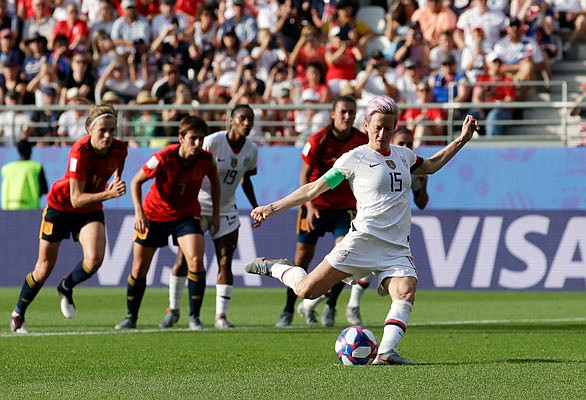 Megan Rapinoe of the U.S. gets set to take a penalty kick Monday during the Women's World Cup round of 16 match against Spain at the Stade Auguste-Delaune in Reims, France. Rapinoe converted on the attempt.