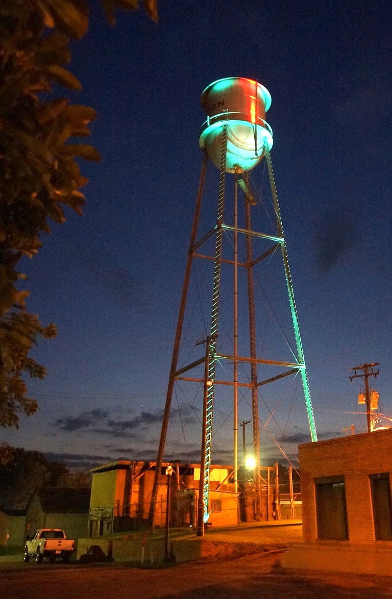 This partial lighting demonstration Thursday evening shows Linden's 1934 water tower at only 17 percent of the final lighting capacity.