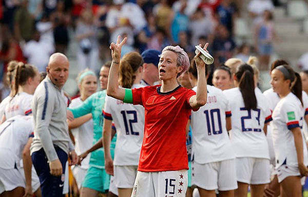 Megan Rapinoe of the U.S. celebrates at the end of the Women's World Cup round of 16 victory Monday against Spain in Reims, France.