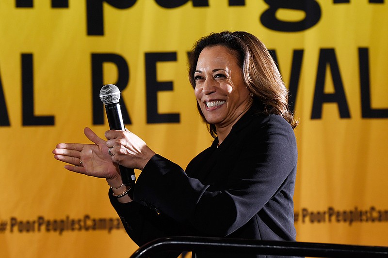 In this June 17, 2019, file photo, Democratic presidential candidate Sen. Kamala Harris, D-Calif., speaks at the Poor People's Moral Action Congress presidential forum in Washington. Harris is trying to find her missing ingredient: a clear rationale for her 2020 presidential campaign. (AP Photo/Susan Walsh, File)