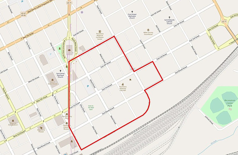 This map shows the boundaries of the entertainment district where outdoor drinking is allowed in downtown Texarkana, Ark. (Staff graphic by Jason Hopkins)
