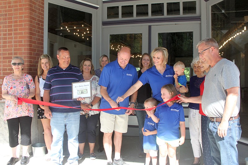Patrick and VanDee Miller and their three children, from left, Bruce, Sophia and Odin, celebrate their first year of business as the owners of Sweet Chipotle with a ribbon cutting July 2, 2019, overseen by members of the California Chamber of Commerce.