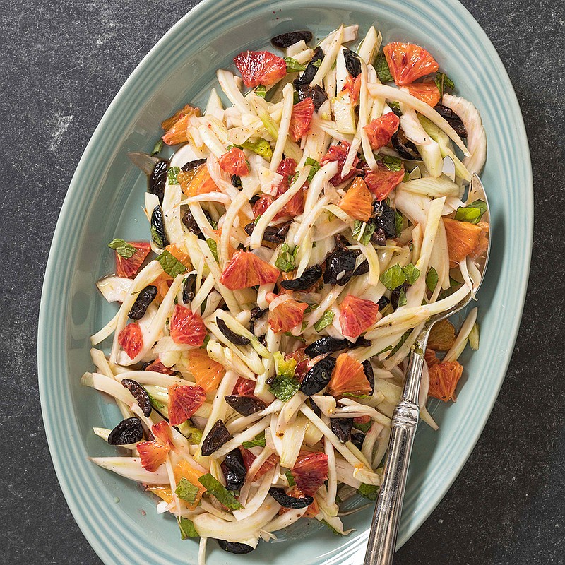 This undated photo provided by America's Test Kitchen in June 2019 shows Fennel, Orange and Olive Salad in Brookline, Mass. This recipe appears in the cookbook "Tasting Italy." (Daniel J. van Ackere/America's Test Kitchen via AP)